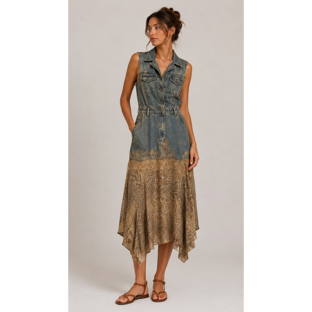 Jeanology Denim Leopard Print Lace Mixed Maxi Dress Y2K Grunge Fairy L Eclectic